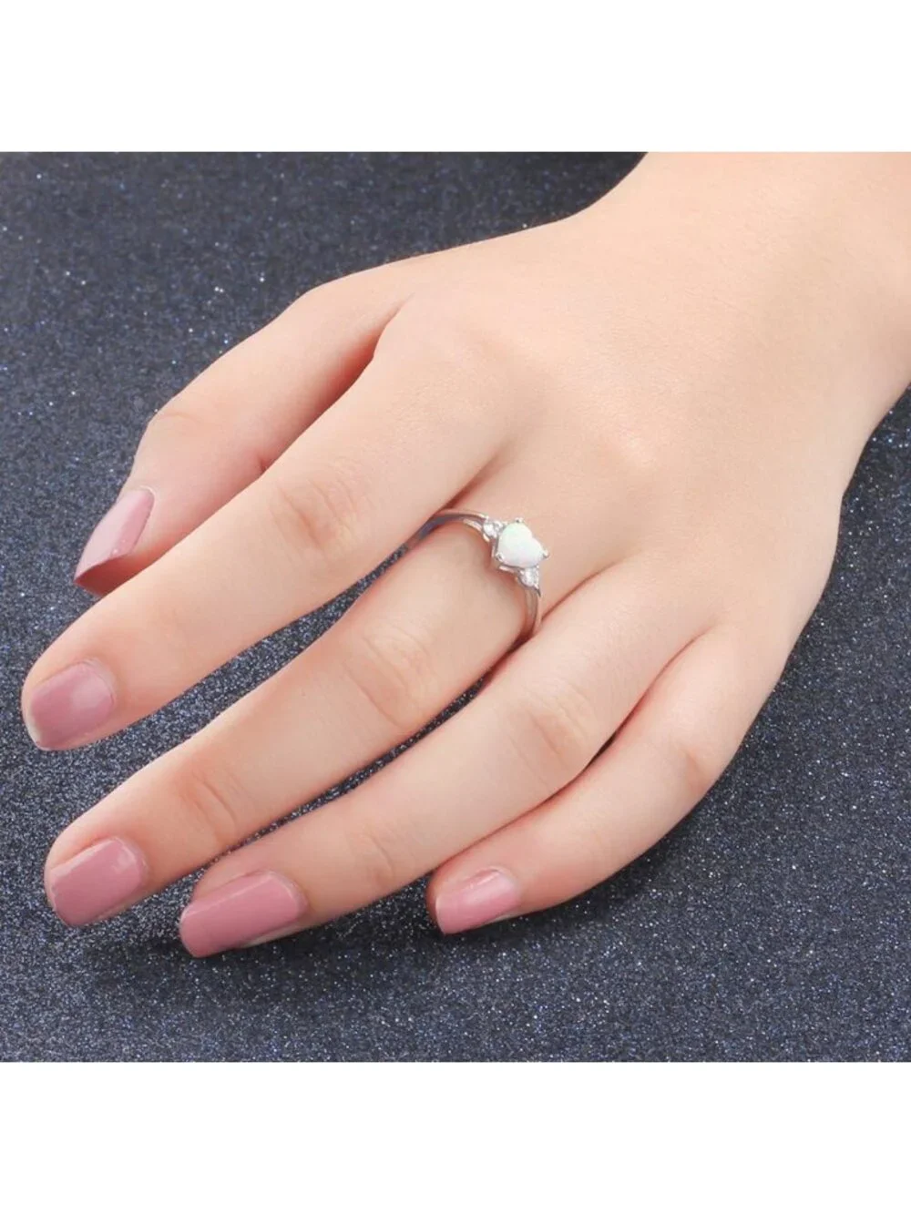 Sterling Silver Heart Shaped White Opal Engagement Promise Ring - Size